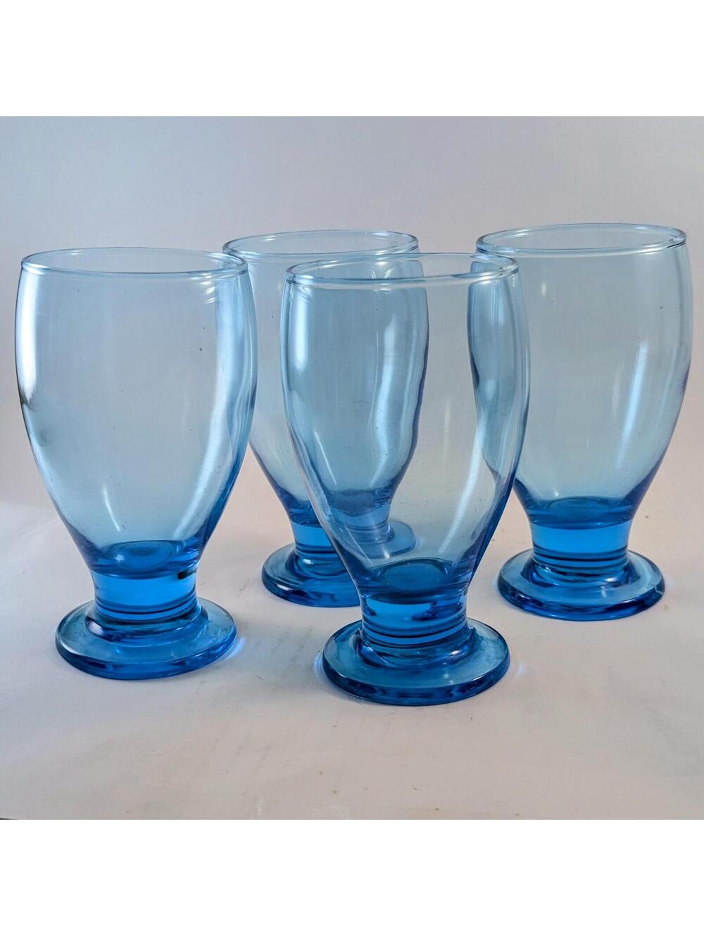 Vtg Libbey Aqua Blue Footed Goblets Glasses MCM - Set of 4